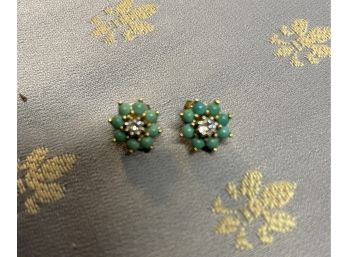 14k Gold Diamond And Turquoise Earrings .