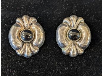 Hollow Sterling Silver And Black Stone Pierced Earrings Marked .925