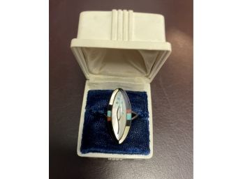 Vintage Sterling Ring With Turquoise , Mother Of Pearl And Two Other Stones Size 6