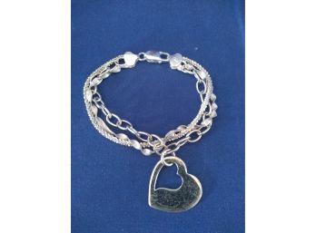 Triple Chain Sterling Silver .925 Italy Heart Charm Bracelet