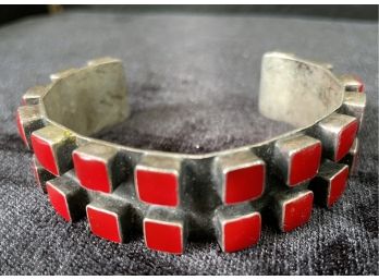 Large Mexican Southwestern Sterling Silver Bracelet W/ Inset Red Coral