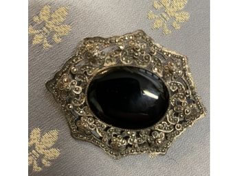 Vintage Sterling Silver Black Onyx And Marcasite  Brooch