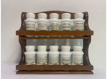 Vintage Milk Glass Spice Jar Set With Two-Shelf Wooden Rack