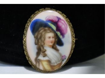 Antique Handpainted On Porcelain Brooch