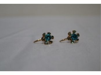 10K Yellow Gold Marked BDA With Blue Stone Screw Back Earrings