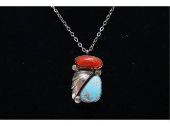 Sterling Silver Turquoise And Coral Signed 'BA' Pendent And Sterling Silver Chain