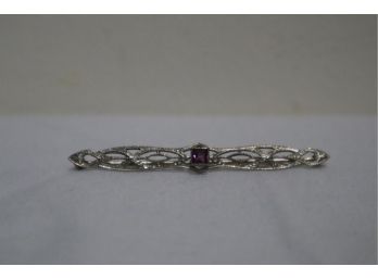 10K White Gold Filigree With Purple Stone Bar Pin 1.84 Grams