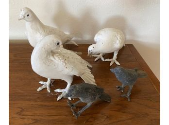 Cast Metal Painted White Three Doves & Pair Of Birds