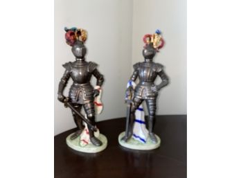 Cast Plaster Painted Silver Knights Pair