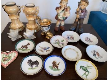 Lot Of Small Cocktail  Plates With Animal Motif , Urns Pair,  Candlesticks & More