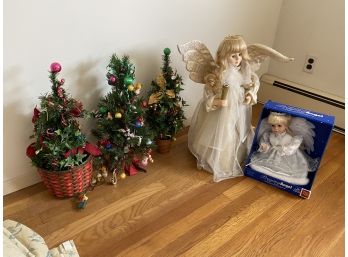 Christmas Lot Praying Angel, Three Decorative Trees