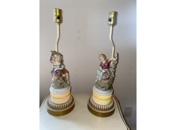 Vintage  Ceramic Statue Figurine Table Lamp - Pair