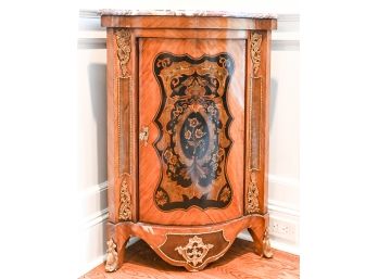 Antique Marble Top Marquetry Corner Liquor Cabinet