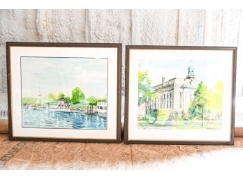 Gary Calabro Pair Of Original Watercolor Scenes Of Greenwich, CT