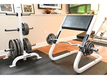 Cybex Raised Weight Bench & Weight Stand With Barbell & Weights