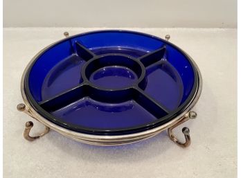 Silver Plated Stand With Segmented Cobalt Glass Dish