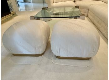 Pair Of Upholstered Square Ottomans With Brass Bases