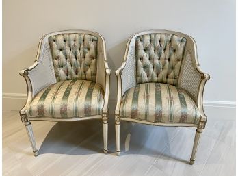 Pair Of Antique Paint Decorated Arm Chairs With Silk Upholstery