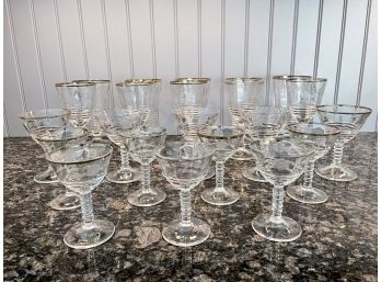 Antique Stemware Collection With Etched Flowers, Four Sizes, 22 Pieces