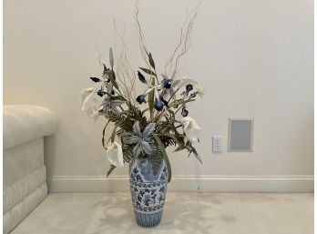 Blue & White Asian Vase With Attractive Faux Floral Arrangement