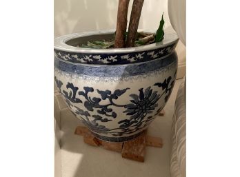 7' 5' Faux Tree In Large Blue & White Asian Ceramic Pot