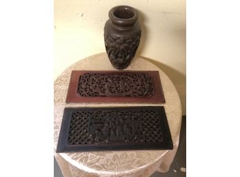 3 Oriental Carved Panels & Carved Vase