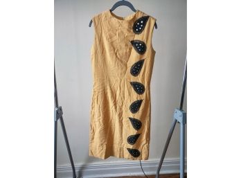 Vintage Dress Sunny Yellow Linen With Remarkable Paisley Sequin Embellishment