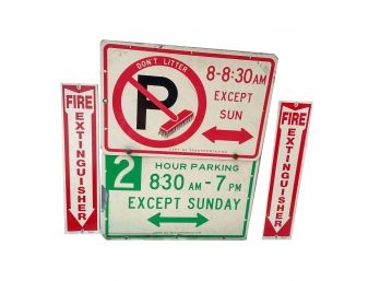 Lot Of Four (4) Metal Signs - Street Cleaning Sign, Fire Extinguisher Sign, Customer Parking Sign