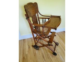 Antique Oak Pressed Carved Adjustable High Chair