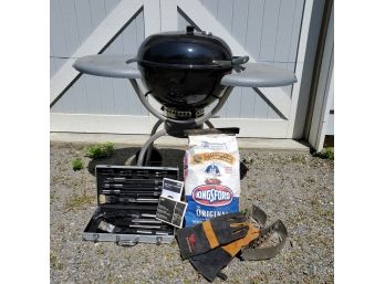 Weber Kettle Charcoal Grill On Rolling Cart With Tools, Gloves, Accessories