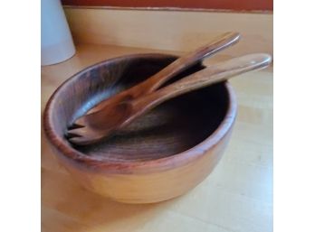Carved Wooden Salad Bowl With Serving Fork And Spoon