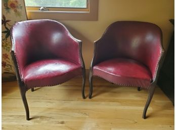 Gorgeous Color! Pair Of Vintage Burgundy Faux Leather & Wood Club Chairs