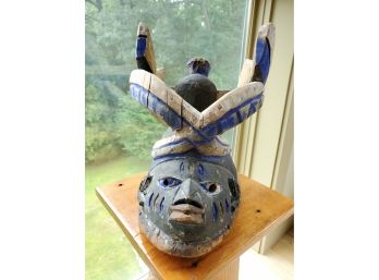 Hand-Carved Blue African Tribal Ceremonial Mask  - 14' W