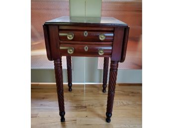 Vintage Wood Drop Leaf End Table With Two Drawers And Turned Legs