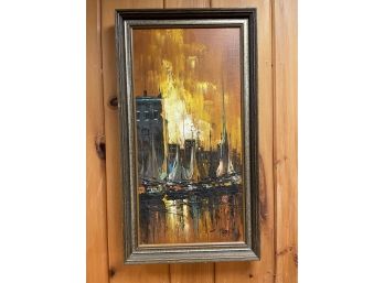 Gorgeous Mid Century Painting Of Harbor - Artist Signed