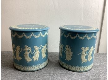 2 Vintage Blue And White Tin Canisters