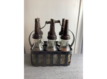 6 Vintage Glass Oil Jars With Tops In Metal Container