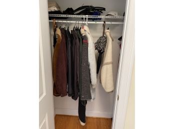 LOT OF GENTLY USED VINTAGE COATS, UMBRELLAS, ETC.