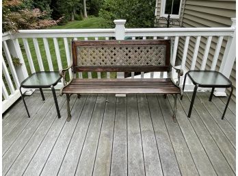 OUTDOOR PARK BENCH AND TWO SIDE TABLES