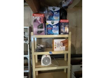 LOT OF MOSTLY NIB FANS, HUMIDIFIERS AND KNIFE HOLDER, SHELF INCLUDED