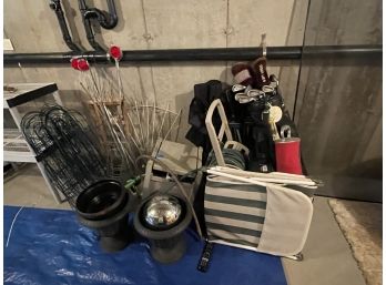 OUTDOOR AND GARDENING LOT, INCLUDES GOLF CLUBS, PLANTERS, HOSES, CAMPING CHAIRS