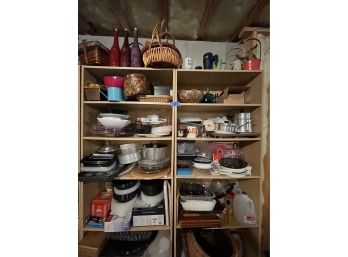 TWO SHELVES BASKETS, KITCHENWARE, BOTTLES, ETC