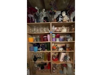 TWO LARGE SHELF LOTS, VASES, BASKETS, FLOWERS, GLASS ETC.