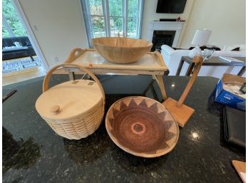 A DANSK SALAD BOWL, WOVEN BASKET, ETC