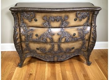 Beautiful Three Drawer Bombe Chest - Lovely Carvings - Drawers Lined With Fleur De Lis Paper - High Quality