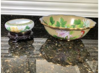 Two Beautiful Cloisonne / Champleve / Enamel Bowls - Smaller Has Carved Wood Stand - Both Are Very Pretty