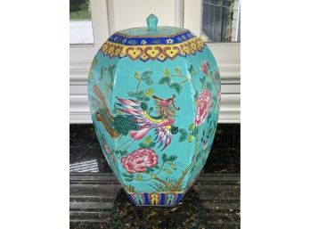 Beautiful Antique Large Lidded Jar - Bold Blue & Pink Colors With Dragon Vase - Been In Family Since 1920s