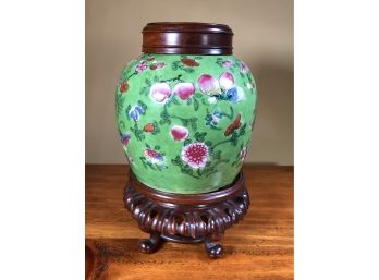 (1 OF 2) Antique Asian Porcelain Jar - Carved Wood Lid & Base - Bought 70 Years Ago Lord & Taylor Antiques