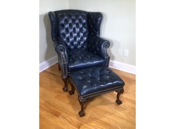 Fabulous Vintage Blue Leather Wing Chair With Matching Ottoman - Brass Nail Head Trim - Ball & Claw Feet