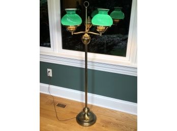 Lovely Vintage Brass Double Student Style Floor Lamp - Very Unusual - Perfect Working Condition Green Shades